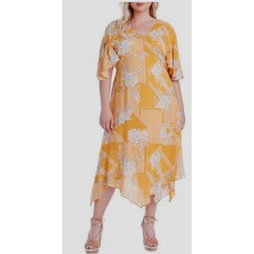 NWT JESSICA SIMPSON TONI DRESS Floral Yellow Print Midi asymmetrical v neck